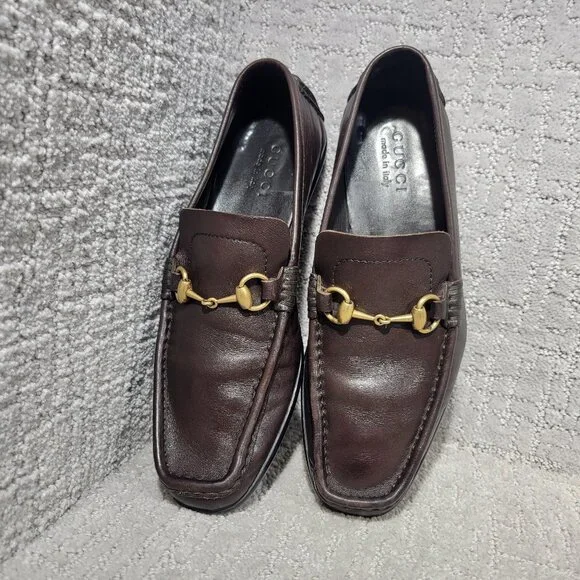 Gucci 101133 Mens Size US 8D Dark Brown Leather Gold Horsebit Driving Loafers - Picture 2 of 13